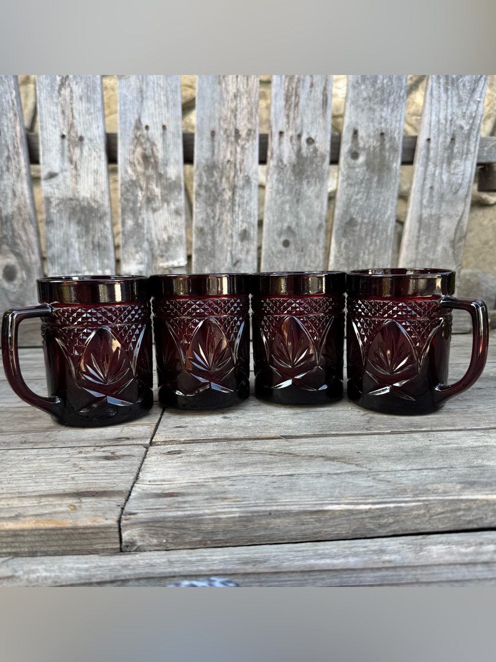 Set of 4 vintage Cristal d’Arques-Durand ruby red pressed glass coffee mugs